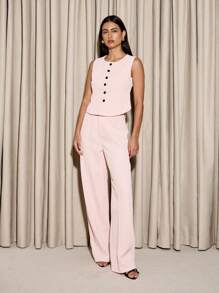 AiiRZ Bộ đồ công sở chuyên nghiệp hai mảnh, áo peplum không tay cài nút phía trước và quần ống rộng cạp cao, trang phục mặc buổi tối cho mùa xuân hè - Hồng - Xem 5