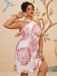 Travachic 大码休闲度假热带花卉印花挂脖系带宽松短裙，春夏