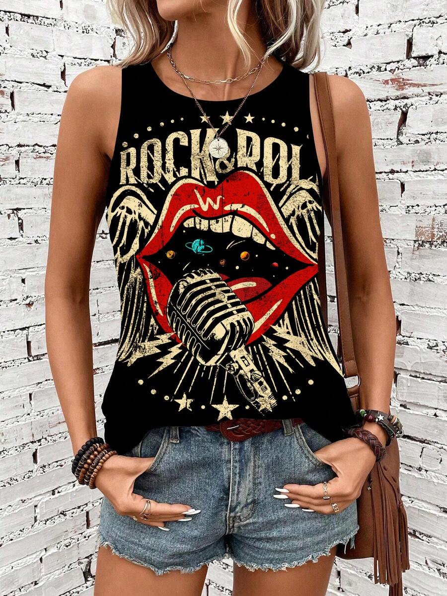 SHEIN LUNE 女士休闲简约圆领无袖唇形背心，适合夏季、音乐会女装、狂欢节 - 彩色 - 查看 1