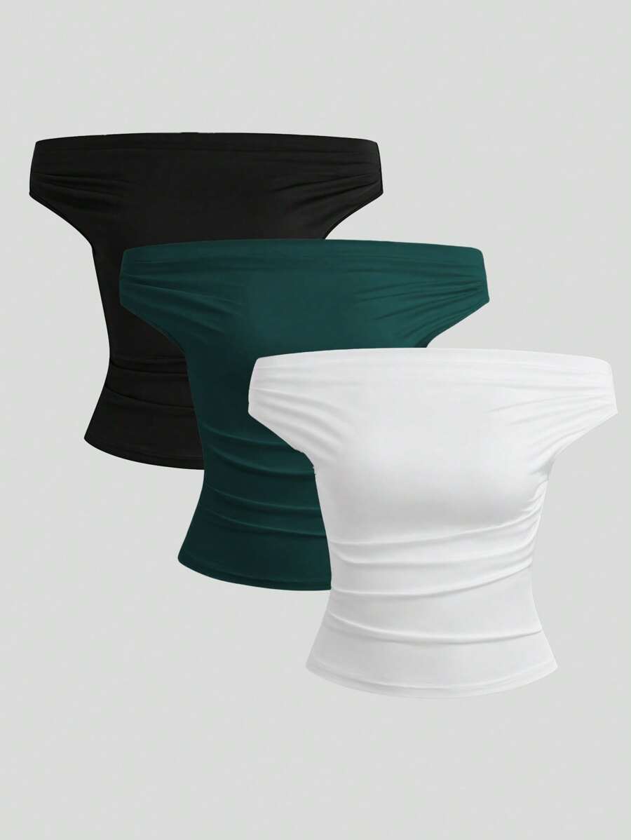 Sweetra Casual Minimalist Solid Color Ruched Off Shoulder Slim Fit Top - Multicolor - View 1