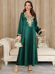 Al Najma Elegant Embellished Collar Floral Embroidered Long Sleeve Women Arabic Style Dress, Kaftan & Jalabiya, Luxury Evening Dresses For Women,Modest