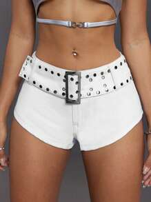 SHEIN ICON Women's Solid Color Simple Fashion Denim Shorts, Casual Everyday Wear - White - View 3