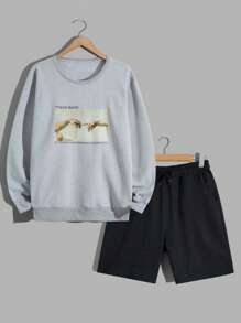 RueChic Men Letter Printed Regular Sweatshirt & Short Set - Grey - View 1