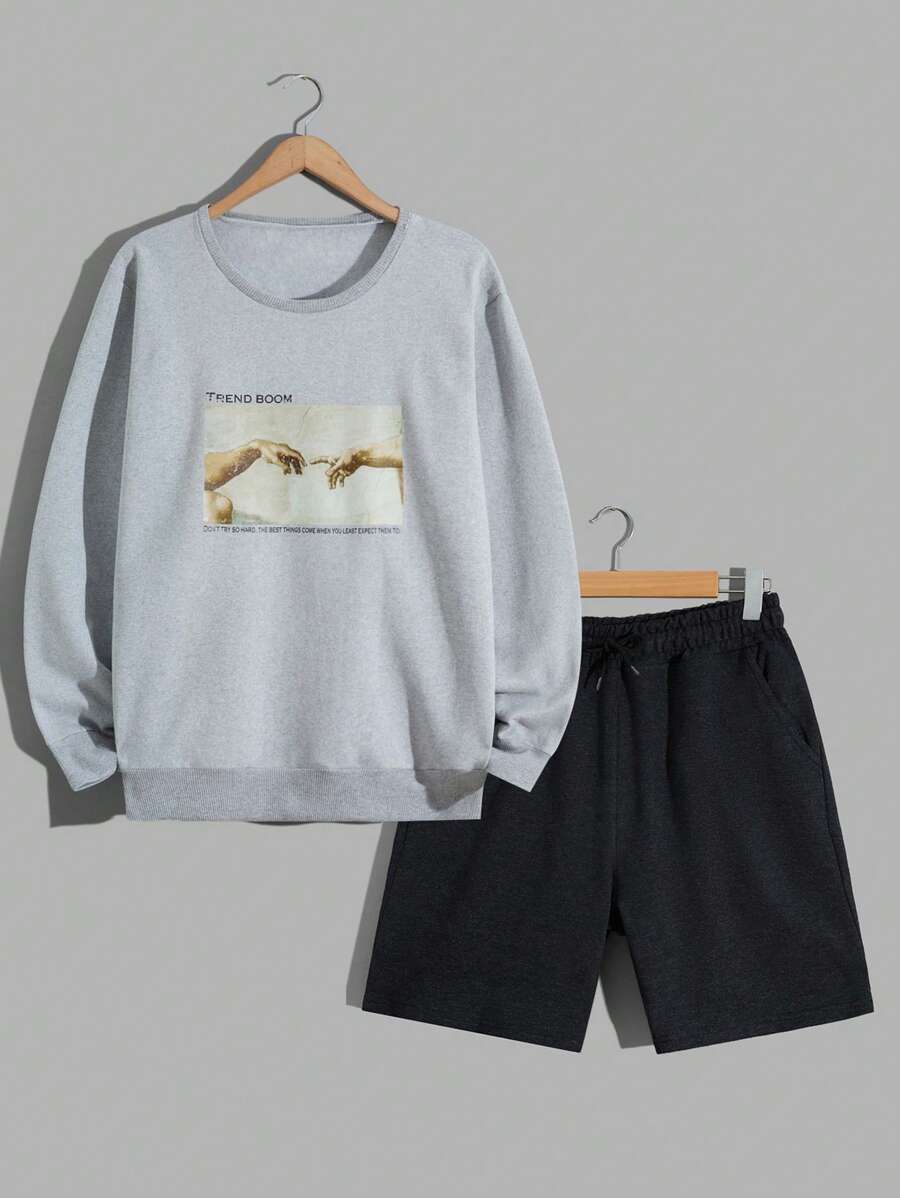 RueChic Men Letter Printed Regular Sweatshirt & Short Set - Grey - View 1