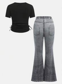 SHEIN Girlism 2pcs/Set Tween Girls Casual Crew Neck Ruched Waist T-Shirt And Pants Set - Black - View 12