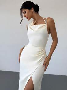 Firerie 女士优雅简约纯色无袖长款派对连衣裙 - 米色 - 查看 7