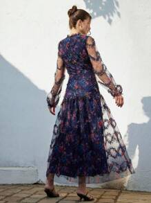 Aveloria Rosie Elegant French Texture Flower Embroidery Long Sleeve Dress, Fitted Waist Flared Hemline, Luxury Vibe, Spring All Over Floral Print For Spring Fall - Navy Blue - View 5