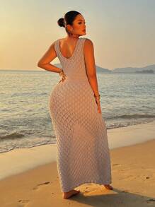 SHEIN LUNE 大码女式无袖露背紧身镂空长款针织毛衣连衣裙 - 卡其色 - 查看 2