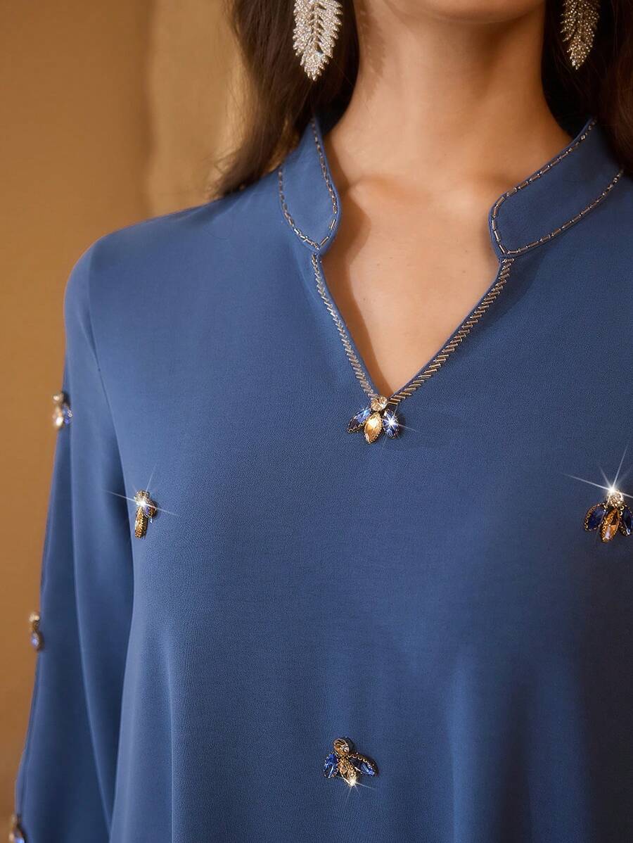 Al Najma 女士传统优雅奢华串珠立领宽松长裙 - 藍色 - 查看 1