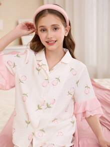 SHEIN Leap Crew 少女韩版郁金香花朵图案翻领荷叶边短袖上衣和宽松舒适裤子 2 件套睡衣套装 - 淺粉色 - 查看 3