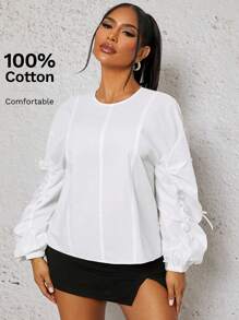 SHEIN SXY Women's Casual Solid Color Ruched Bow Decor Lantern Sleeve T-Shirt, Autumn - White - View 1