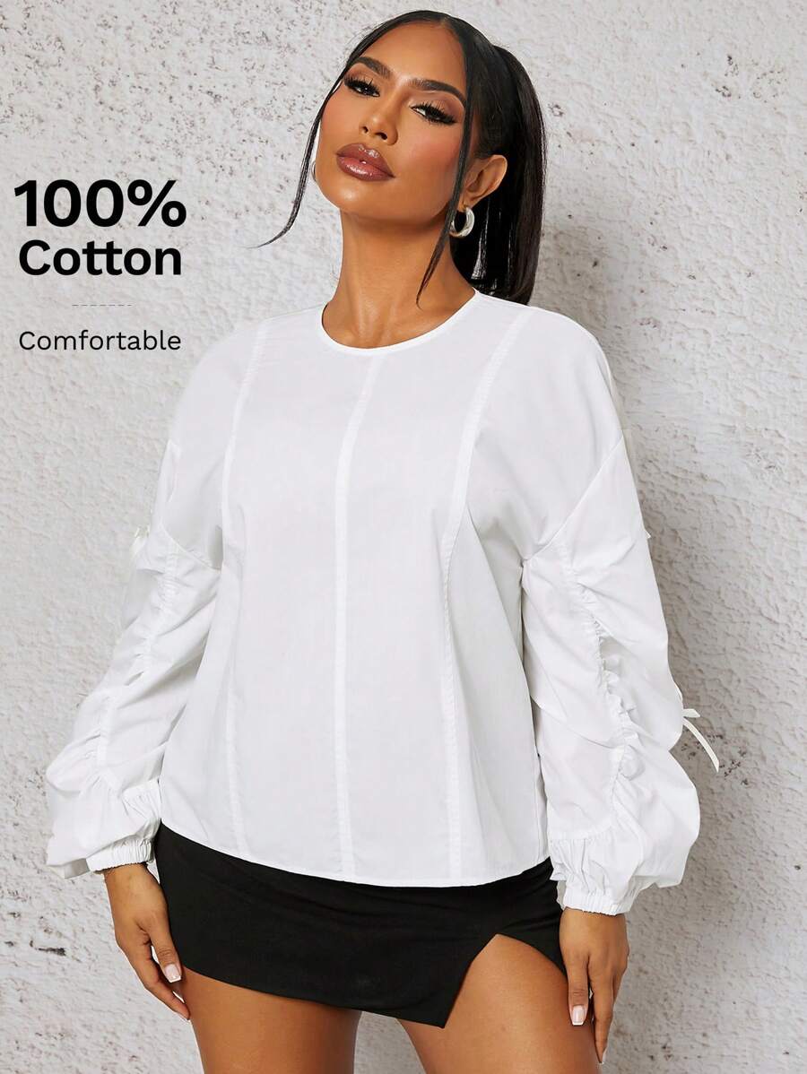 SHEIN SXY Women's Casual Solid Color Ruched Bow Decor Lantern Sleeve T-Shirt, Autumn - White - View 1