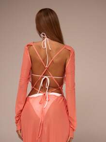 MUSERA Mesh Floral Printed Backless Maxi Dress Vacation Summer Sheer Flower Ibiza Outfit, Holiday, Club Outfit Long Dress - Orange - View 5