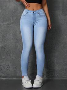 SHEIN Tall Women's Solid Color Washed Skinny Fit Casual Jeans With Pockets