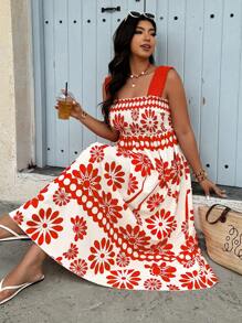 SHEIN Clasi Flowers Birds Plus Size Boho Floral Printed Casual Wide Strap Dress, Minimalist & Stylish For Daily Wear, For Summer Tropical Colorblock Floral Print Vacation Fashionable Style - Multicolor - View 3