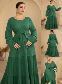 Graceveil Plus Size Women Solid Color Round Neck Flare Sleeve Elegant Dress - Dark Green - View 1