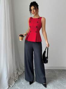 Elenzga Best-Selling Solid Color Fabric Button-Down Fitted Sleeveless Top And Contrast Color Pants 2Pcs Set For Women