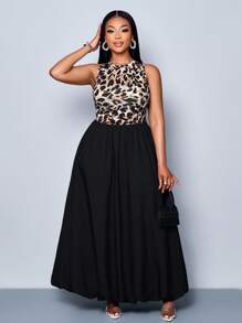 Maweii Women Plus Size Spring Summer Casual Elegant Solid Color Leopard Print Splicing Simple Daily Ruched Waistline Ruffle Hem Lantern Flower Bud HemSleeveless Tank Long Dress - Black - View 5