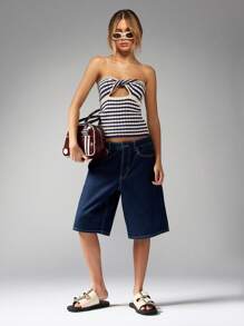 MISSGUIDED Nautical Stripe Crochet Knit Bandeau Top With Front Bow Detail Summer Beach Crop Top Resort Wear Strapless Design Vacation Ready Beachwear - Multicolor - View 5