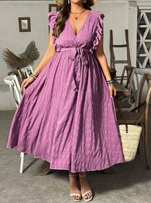 SHEIN Clasi Plus Size Women's Solid Color V-Neck Pleated Outing Party Daily Elegant Spring And Summer Ruffle Sleeve Dress - Red Violet - View 5