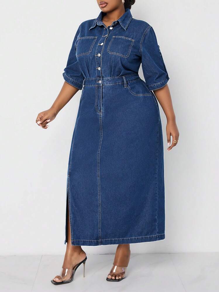 SHEIN Lady Plus Size Denim Dress Casual Fit Mid Sleeve Long Dress Blue  Summer Outfits For Women Romantic Dresses Spring Dresses For Women Casual  Outfits For Ladies Cowgirl Outfit | SHEIN USA