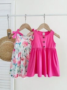 SHEIN 2pcs/Set Baby Girl Cute Floral Print Knitted Dress, Summer Clothes - Hot Pink - View 3
