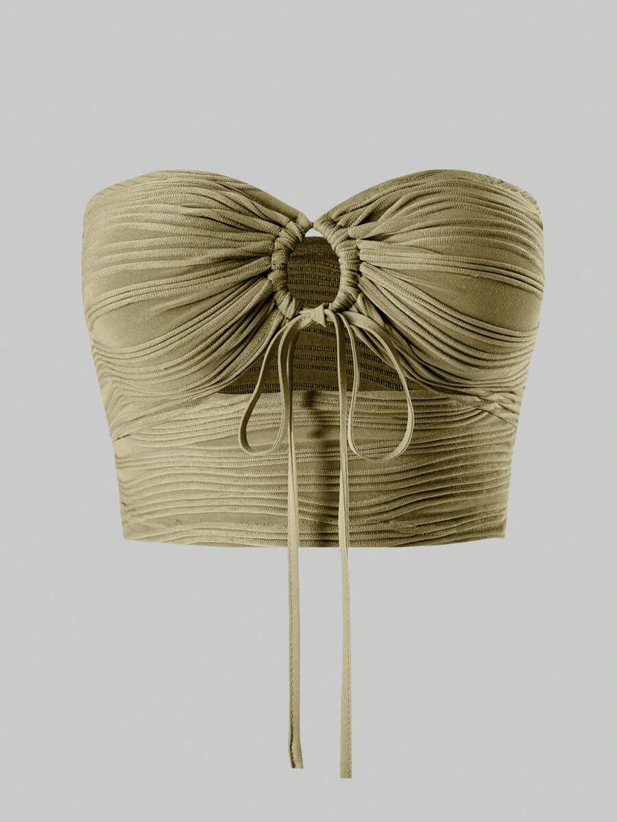 EMERY ROSE Của phụ nữ Màu thuần Xếp li Áo không dây Với Buộc - Màu xanh Ô liu - Xem 1