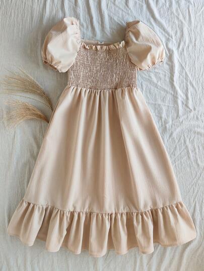 Vintaside Kids Tween 女童杏色春季休闲优雅水洗皱褶面料短袖荷叶边下摆连衣裙，适合外出和旅行