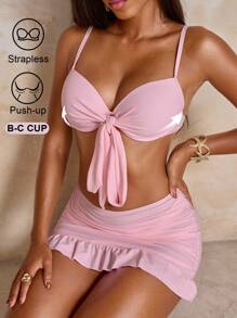 SHEIN Swim Women 3pcs Swimwear Solid Color Twist Front Ruched Bikini Set With Frilled Hem Skirt , For Summer Beach Vacation - Pink - View 1
