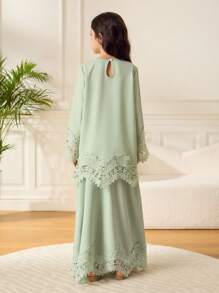 3pcs Tween Girls Sets: Mint Green Long Sleeve Embroidered Floral Trim Robe + Headscarf, Suitable For Outings, School, Home Ritual Abaya Outfit With Headscarf - Green - View 2