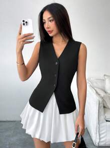 Calvaya 2pcs Women's Black & White Contrast Color Bubble Skirt With Safety Shorts, Commuting Outfit Spring/Summer