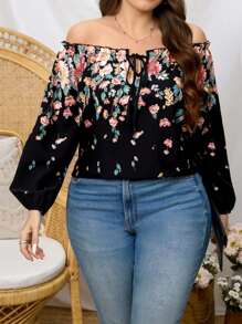 SHEIN Clasi Blusa de mujer talla grande con estampado floral, escote asimétrico, cuello curvo y puños elásticos, adecuada para vacaciones y uso diario - Negro - Ver 4