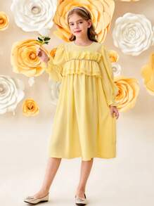 SHEIN Tween Girls Loose Elegant Double Ruffle Decor Round Neck 3/4 Sleeve Dress - Yellow - View 6