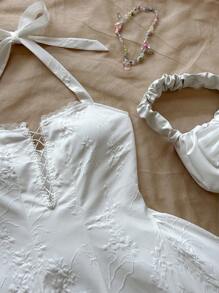 Soleia Đầm mini cổ buộc viền ren cổ điển dành cho nữ - trắng - Xem 5