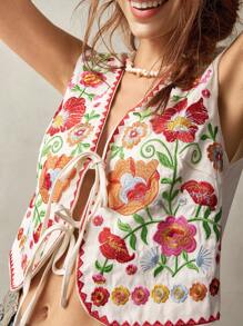 Bohemela Plus Size Front Tie Sleeveless Flower Embroidered Casual Jacket,Vintage Winter Fall Autumn - Beige - View 5