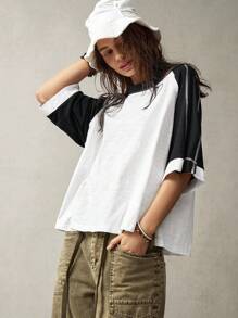 Bohemela 休闲撞色圆领插肩袖宽松大码 T 恤 - 黑與白 - 查看 3