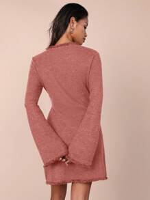 COSMINA Đầm mini đơn giản tối giản, tay dài, cài nút phía trước, tua rua cho nữ - Đỏ - Xem 2