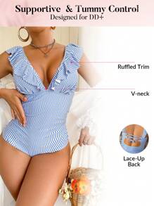 Swim DD+ 女士条纹荷叶边露背连体泳衣，适合夏季海滩度假