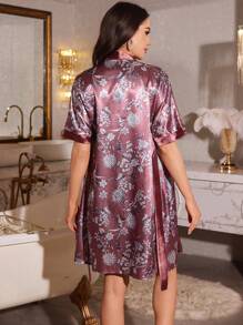 Printed Lace Camisole Nightdress And Robe Set - Multicolor - View 2