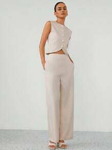 Aveloria Modichic Conjunto de traje de mujer compuesto por un chaleco de cierre de botón con orilla en arco de estilo casual y oficina y pantalones anchos de pierna ancha - Caqui - Ver 5