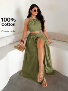 SHEIN SXY 2 pièces/Set Top court à col-halter et mini-jupe évasée, tenue de vacances