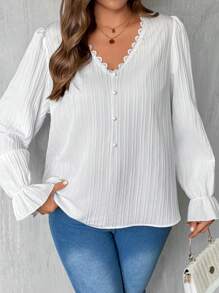 SHEIN LUNE 1pc Women's Simple V-Neck Ruffled Front Button Long Sleeve Plus Size Casual Shirt