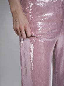 COSMINA 春夏女士优雅通勤派对粉色亮片直筒长裤 - 粉色 - 查看 5