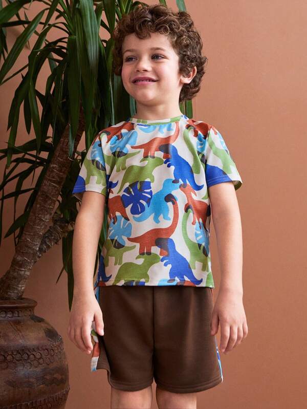 THE HAPPY LOOK Young Boys Colorful Dinosaur Print T-Shirt And Dinosaur Patchwork Print Shorts Set