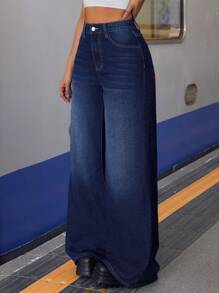 SHEIN Tall Women's Front Button Pocket Simple Casual Wide Leg Washed Denim Jeans - Dark Wash - View 3