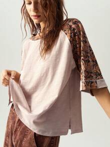 Bohemela 休闲针织圆领插肩短袖宽松大码 T 恤 - 駝色 - 查看 2