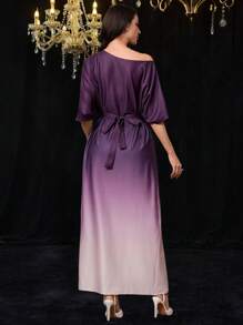 Modelyn Women's Ombre Gradient Oblique Shoulder Short Sleeve Casual Long Dress - Purple - View 2