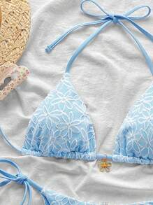 Swim Mod 2pcs/Set Springbreak Summer Beach Floral Print Textured Fabric Halter Tri-Bikini + Side Tie Swim Trunks Swimwear, Sexy & Cute - Baby Blue - View 3