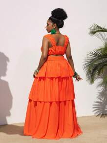 Slaydiva Nuevo conjunto de 2 piezas talla grande para 2025: Falda de volantes de color naranja liso y vestido largo con top de chaleco fruncido