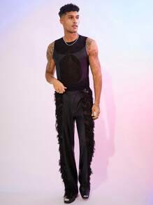 FeverCity Men's Elastic Leather & Mesh Splice Tight Tank Top - Black - View 3